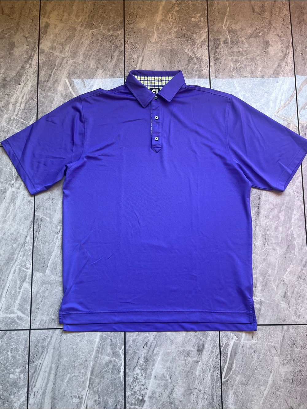 FootJoy FJ Mens Purple Logo Performance Golf Polo Shirt Plaid Interior Collar XL